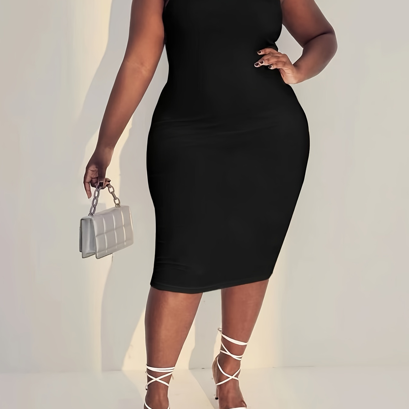

Plus Size Solid Simple Bodycon Tank Dress, Casual Sleeveless Slim Dress For Spring & Summer, Women's Plus Size Clothing
