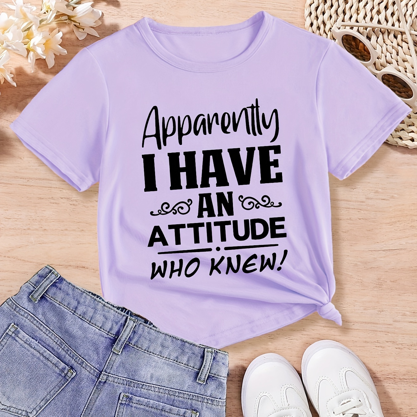 

Apparently I Have An Attitude Who Knew - Girls Fun Letter Tee Casual Crewneck Short Sleeve T-shirt Top Summer Clothes