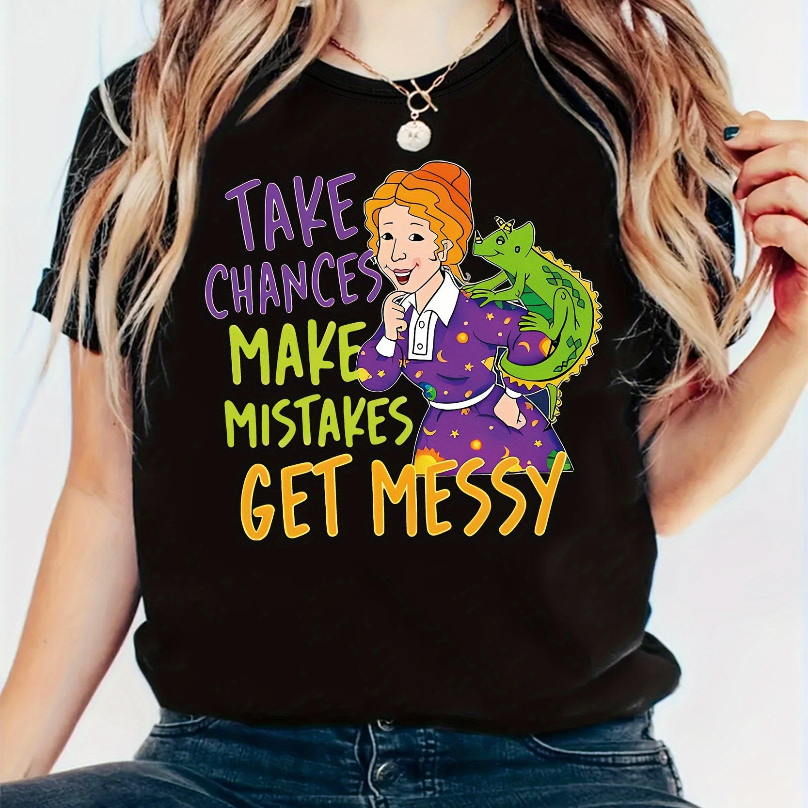 

Take Chances Make Mistakes Print T-shirt, Casual Crew Neck Short Sleeve Top For Spring & Summer, Women's Clothing