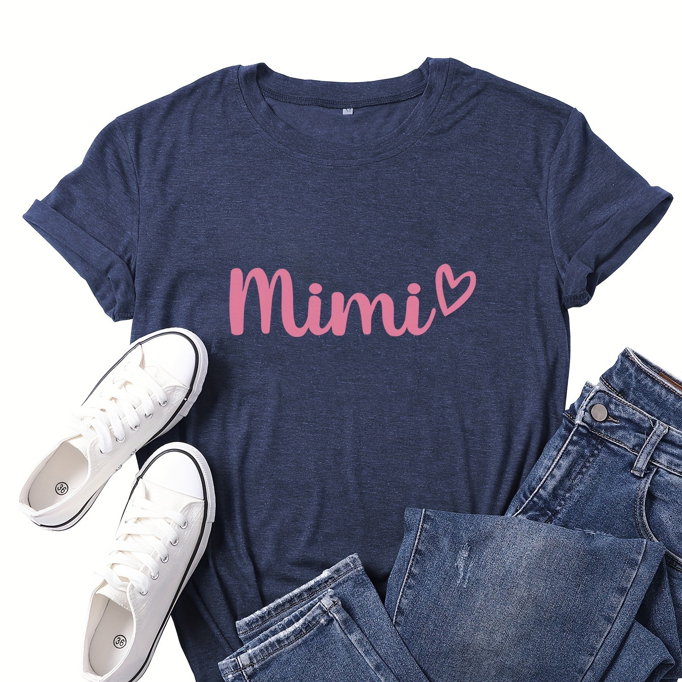 

Mimi & Heart Print T-shirt, Short Sleeve Crew Neck Casual Top For Summer & Spring, Women's Clothing