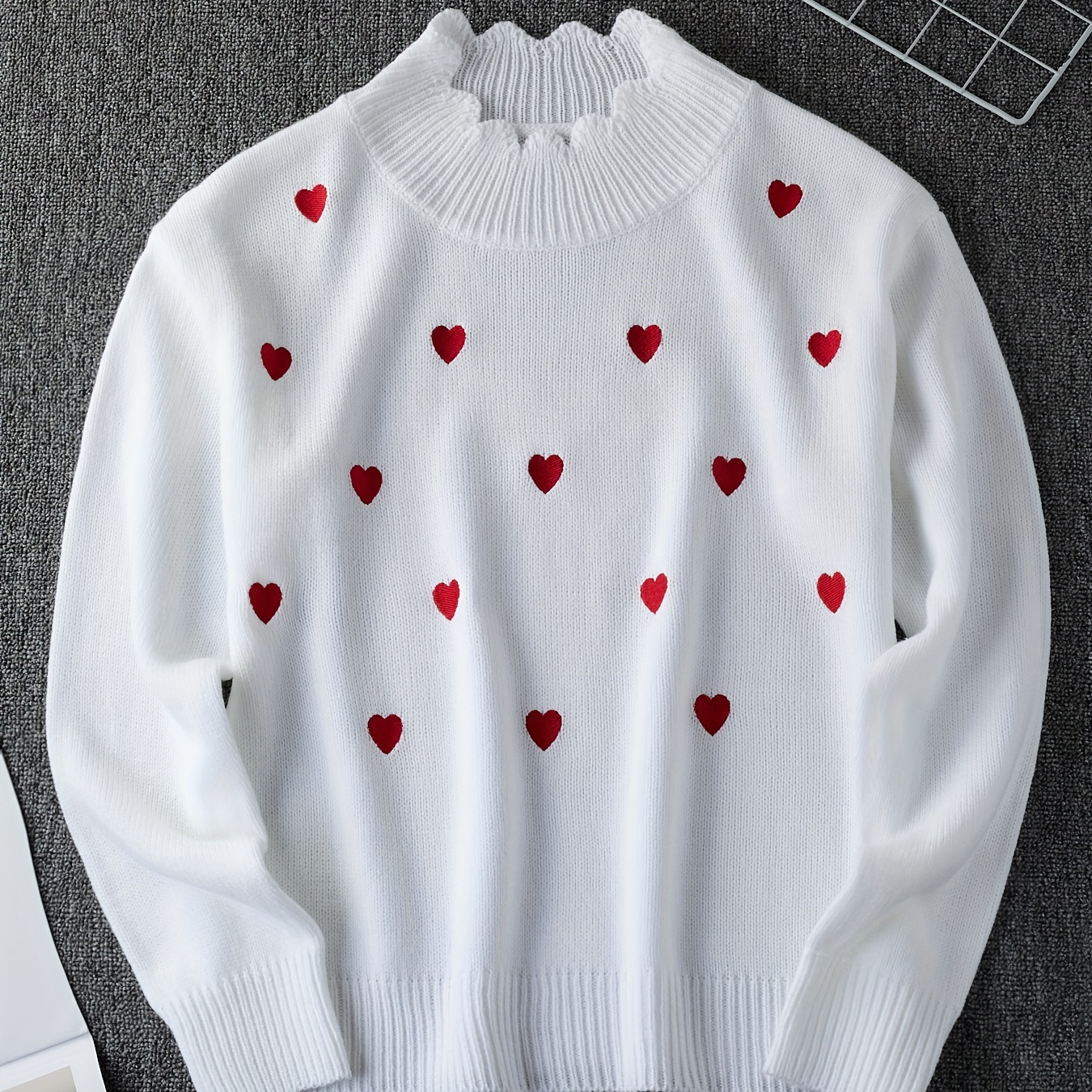 

Heart Embroidered Trim Mock Neck Sweater, Elegant Long Sleeve Sweater For Fall & Winter, Women's Clothing