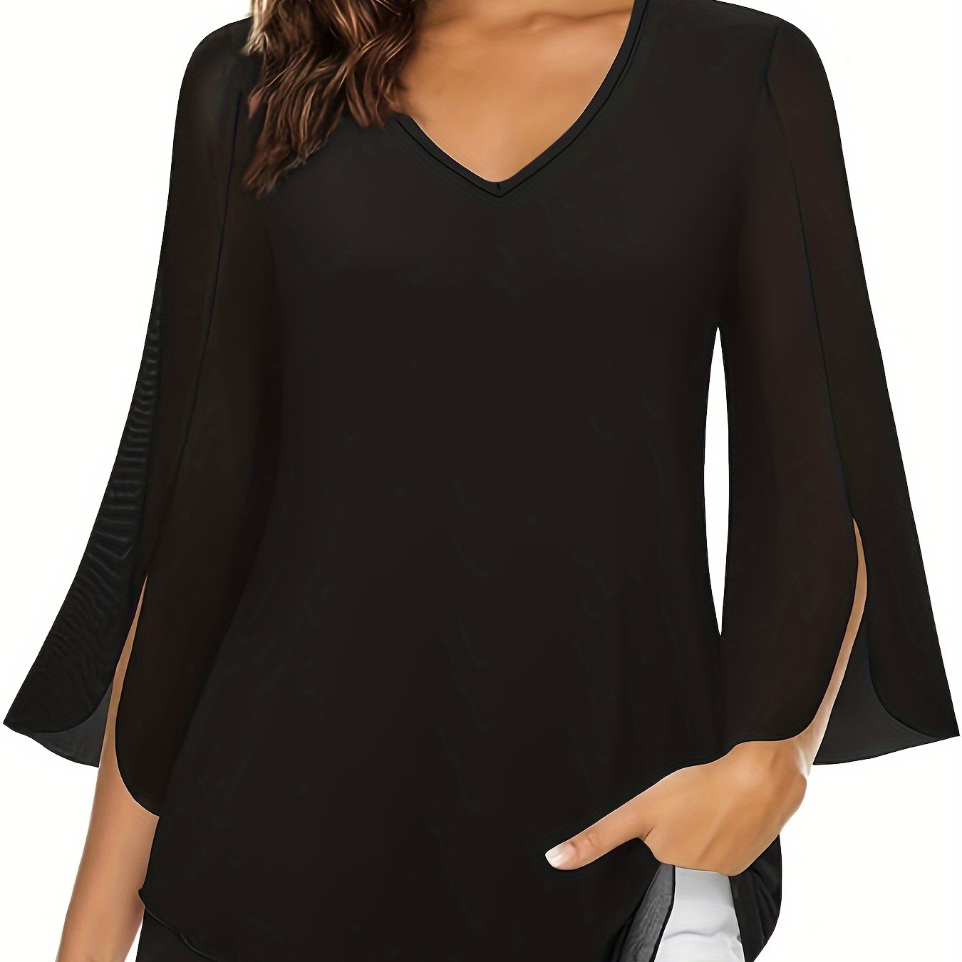 

Solid V-neck Split Sleeve Blouse, Elegant Layered Hem Blouse For Spring & Fall, Women's Clothing