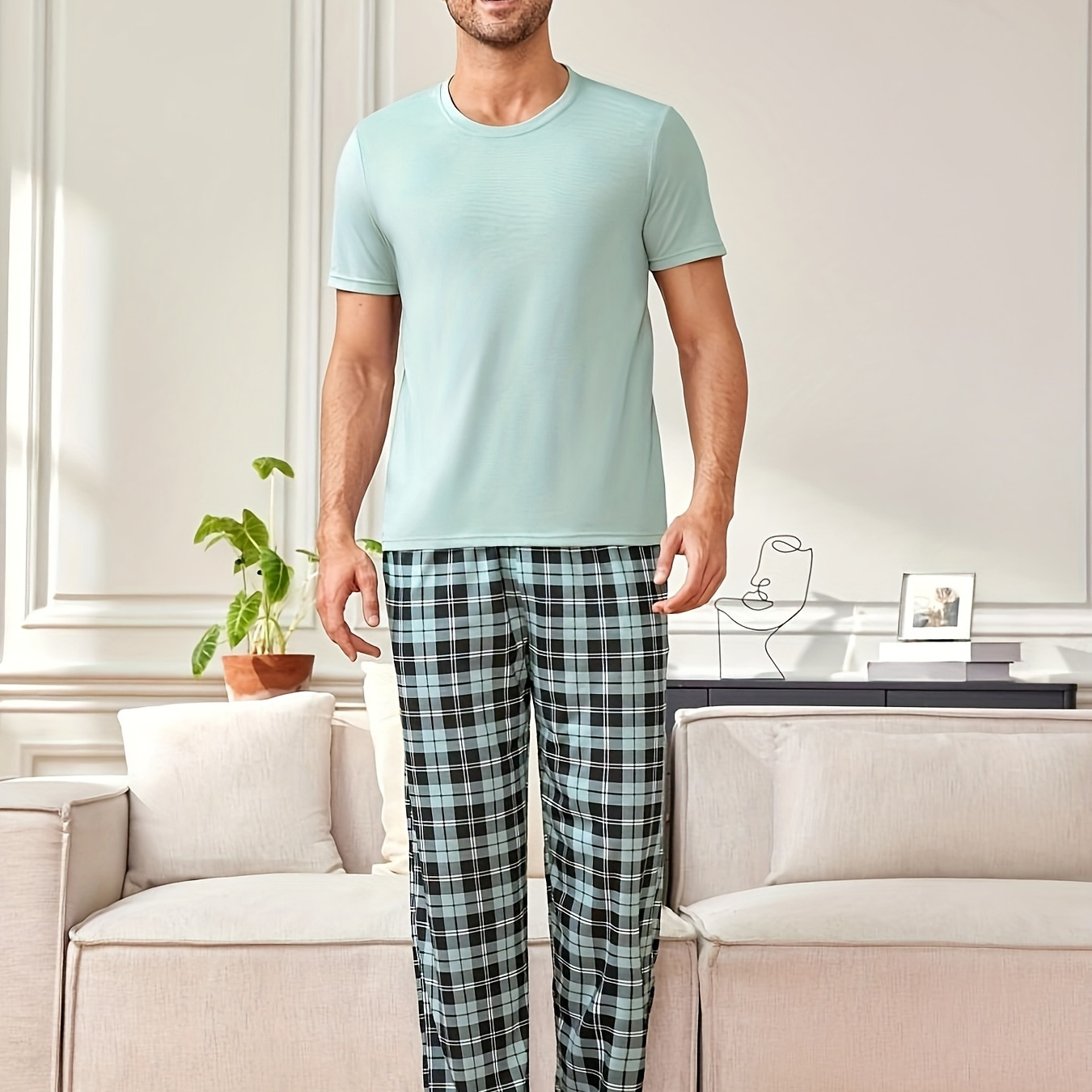 

Men's Casual Plaid Pajama Set - 100% Polyester Crew Neck Short Sleeve Top And Long Pants Sleepwear, Slight Stretch Knit Fabric, Comfortable & Breathable Loungewear Set