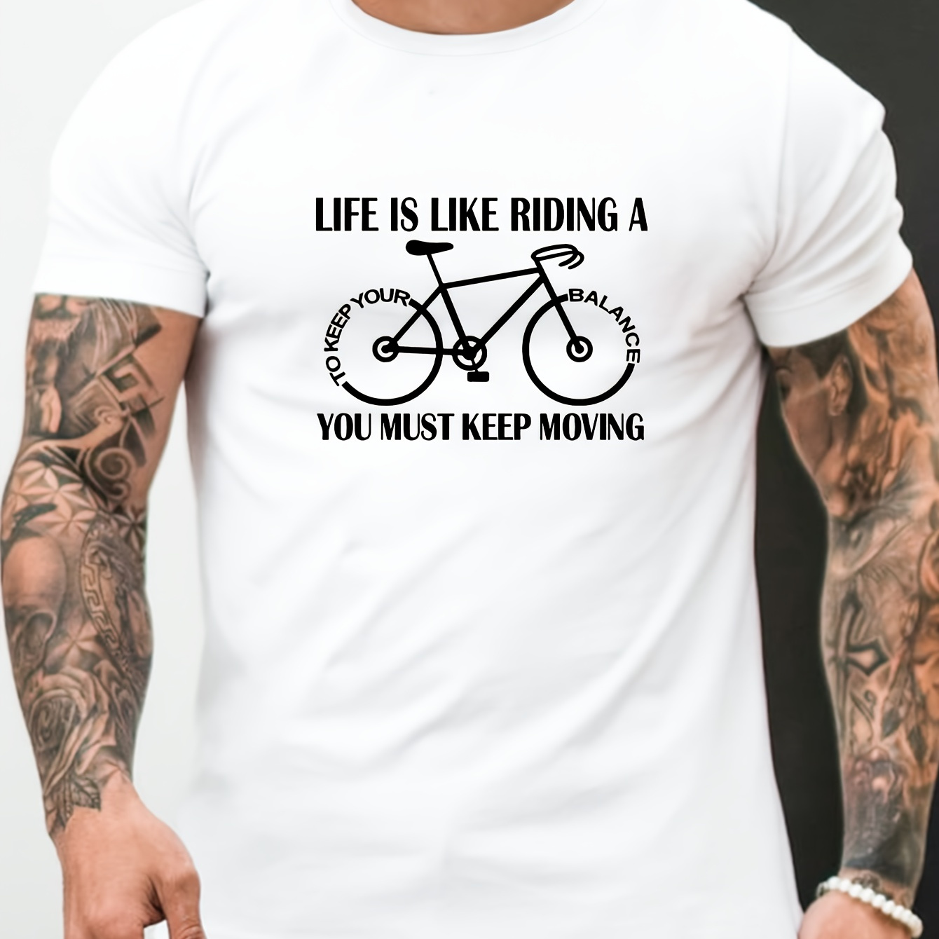 

Life Is Like Riding A Bike You Must Keep Moving Print T-shirt, Stylish And Breathable Street , Simple Comfy Cotton Top, Casual Crew Neck Short Sleeve T-shirt For Summer