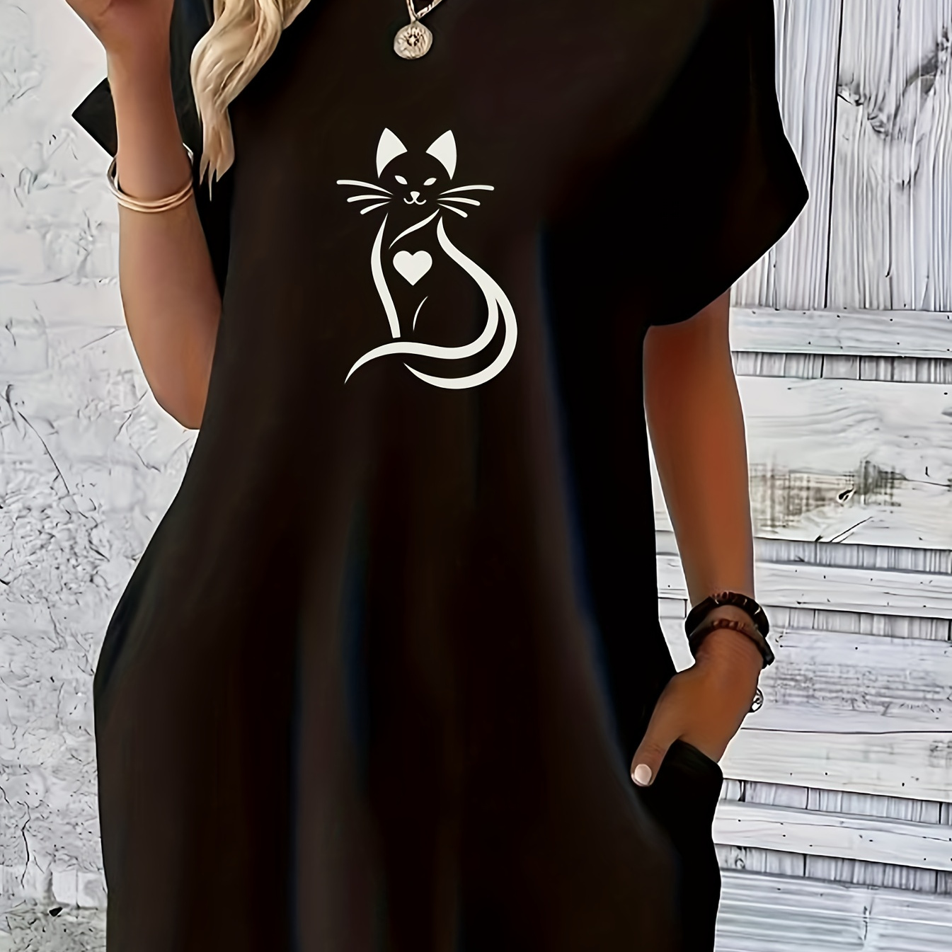 

Cat Print Tee Dress, Short Sleeve Crew Neck Casual Dress For Summer & Spring, Women's Clothing