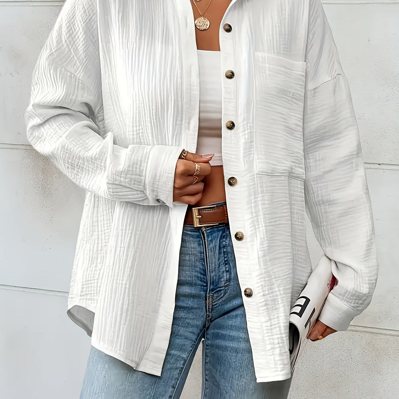 

Solid Textured Button Front Shirt, Casual Long Sleeve Lapel Shirt, Women's Clothing