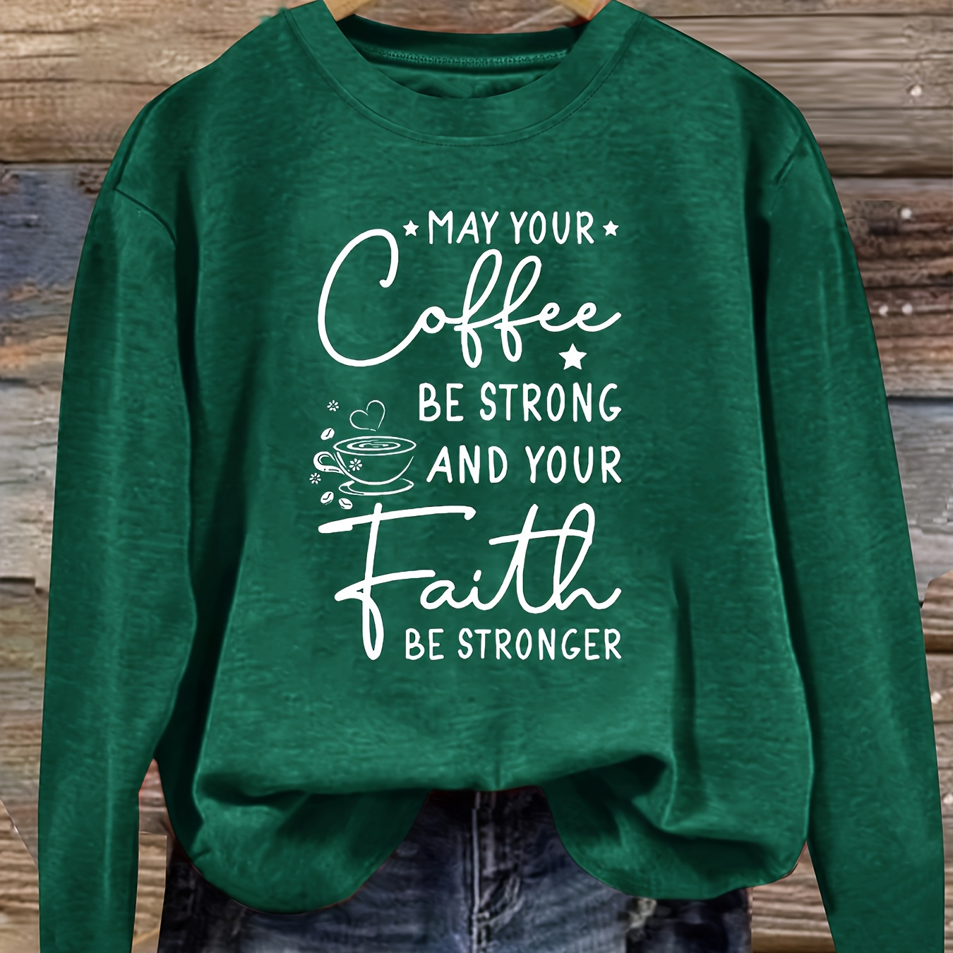 

1pc Women's Casual Crew Neck Long Sleeve Top With Coffee & Faith Quote, Polyester Knit Fabric, Medium Stretch, , English Retro Print, Autumn Winter