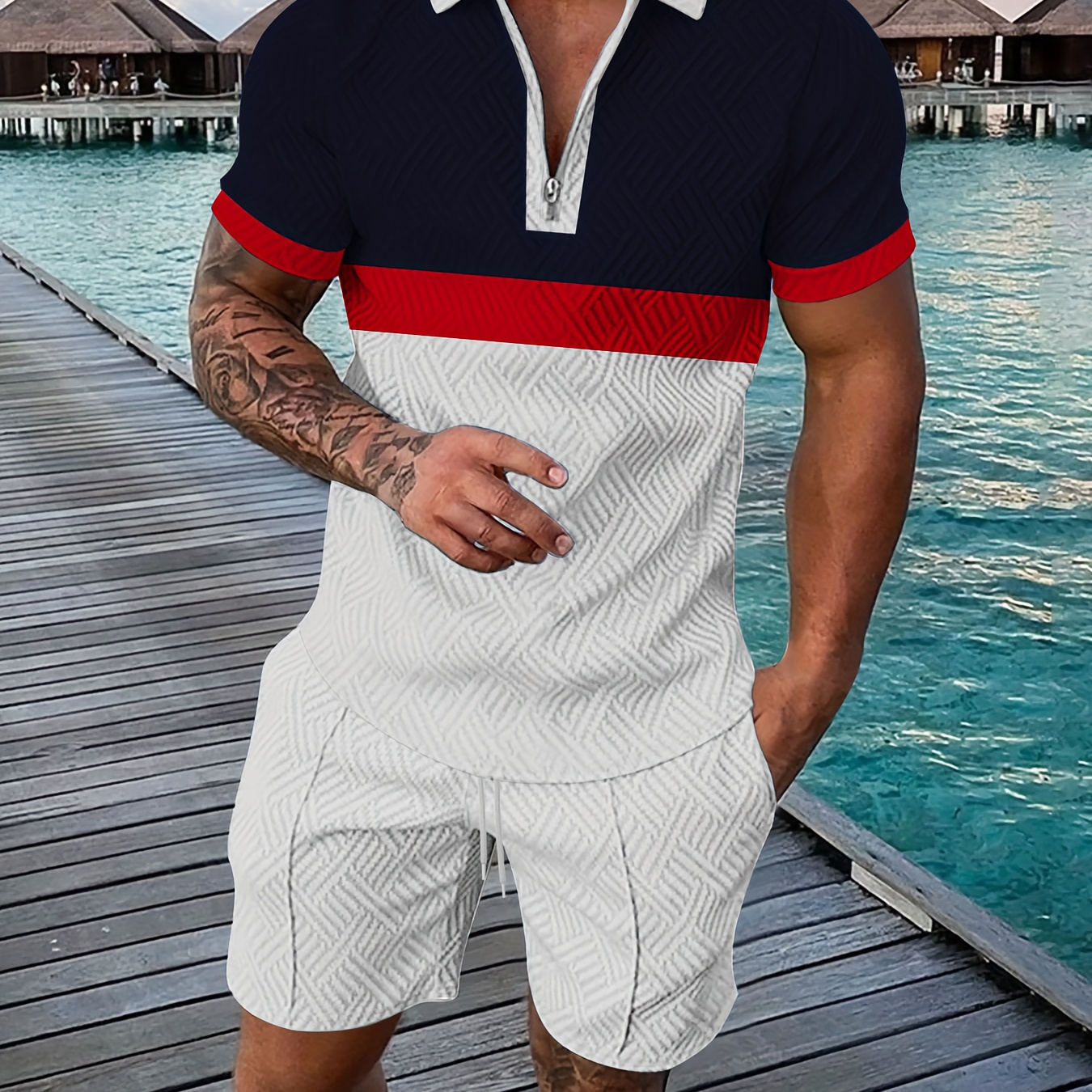 

Men's Trendy Casual Comfy Tees & Shorts, Color Block Lapel Short Sleeve T-shirt & Loose Shorts With Drawstring Pockets Home Pajamas Sets, Outdoor Sets For Summer