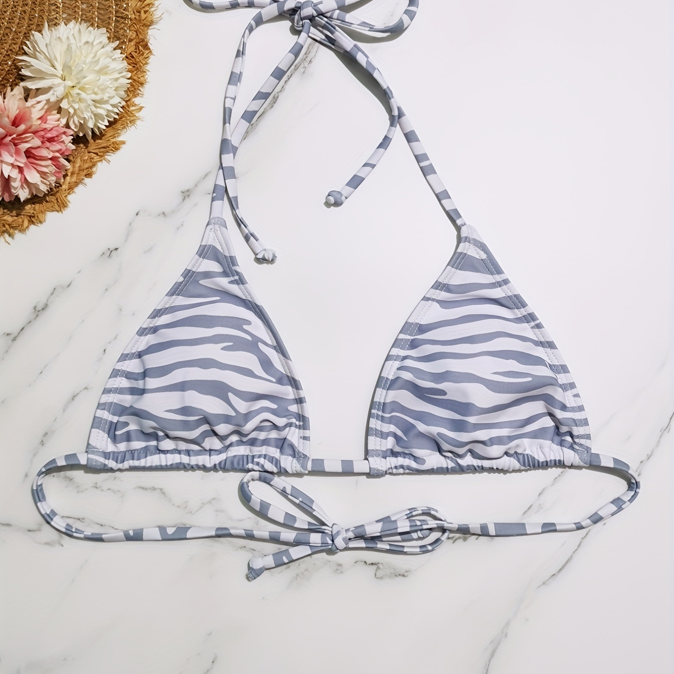 

Striped Print Triangle Bikini Top, Halter Neck Tie Back Backless V Neck High-stretch Beachwear Top, Women's Swimwear & Clothing