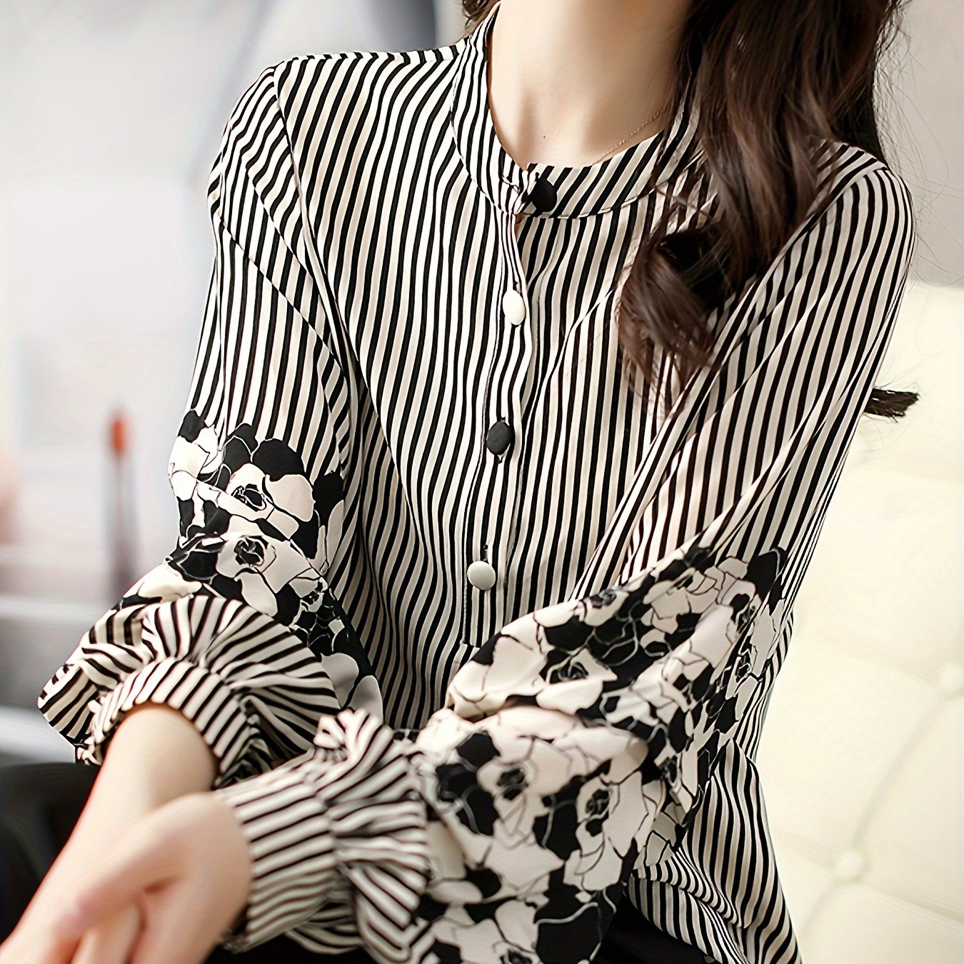 

Women's Elegant Floral And Striped Print Blouse With Lantern Sleeves - Round Neck, Long Sleeve, Button Detail, Comfortable Polyester Top, Apparel|striped Shirt|unique Print Shirt