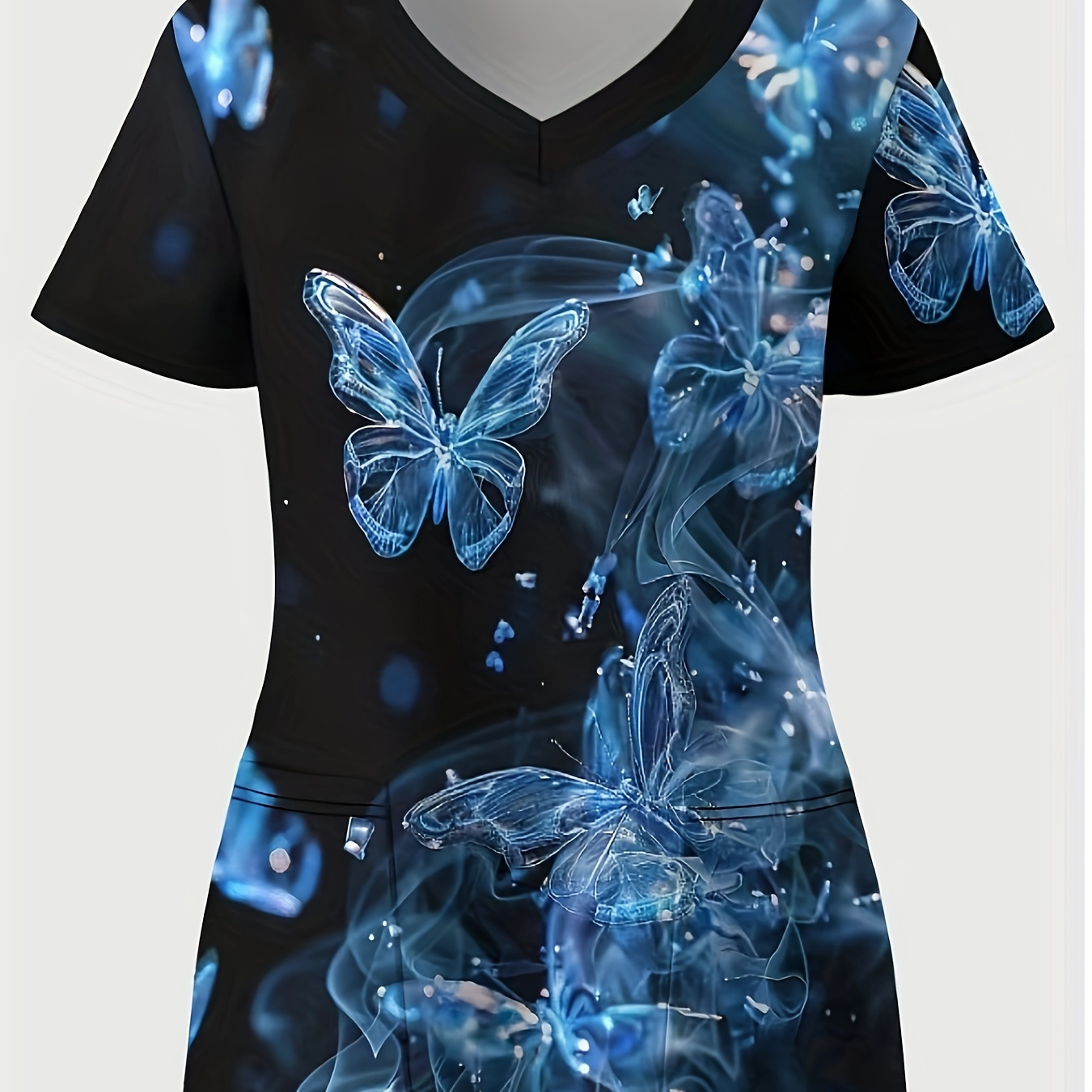 

Plus Size Butterfly Print Stretchy Dual Pockets V-neck Top, Comfortable & Functional Health Care Short Sleeve Uniform For Nurse, Women's Plus Size Clothing