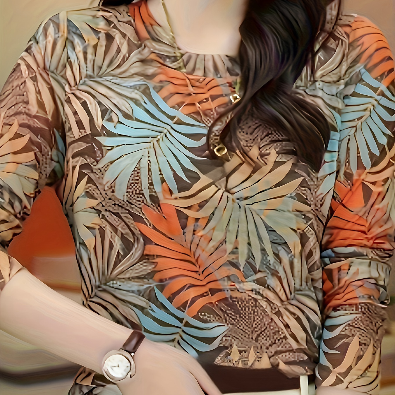 

Leaf Print Crew Neck T-shirt, Casual Long Sleeve Top For Spring & Fall, Women's Clothing