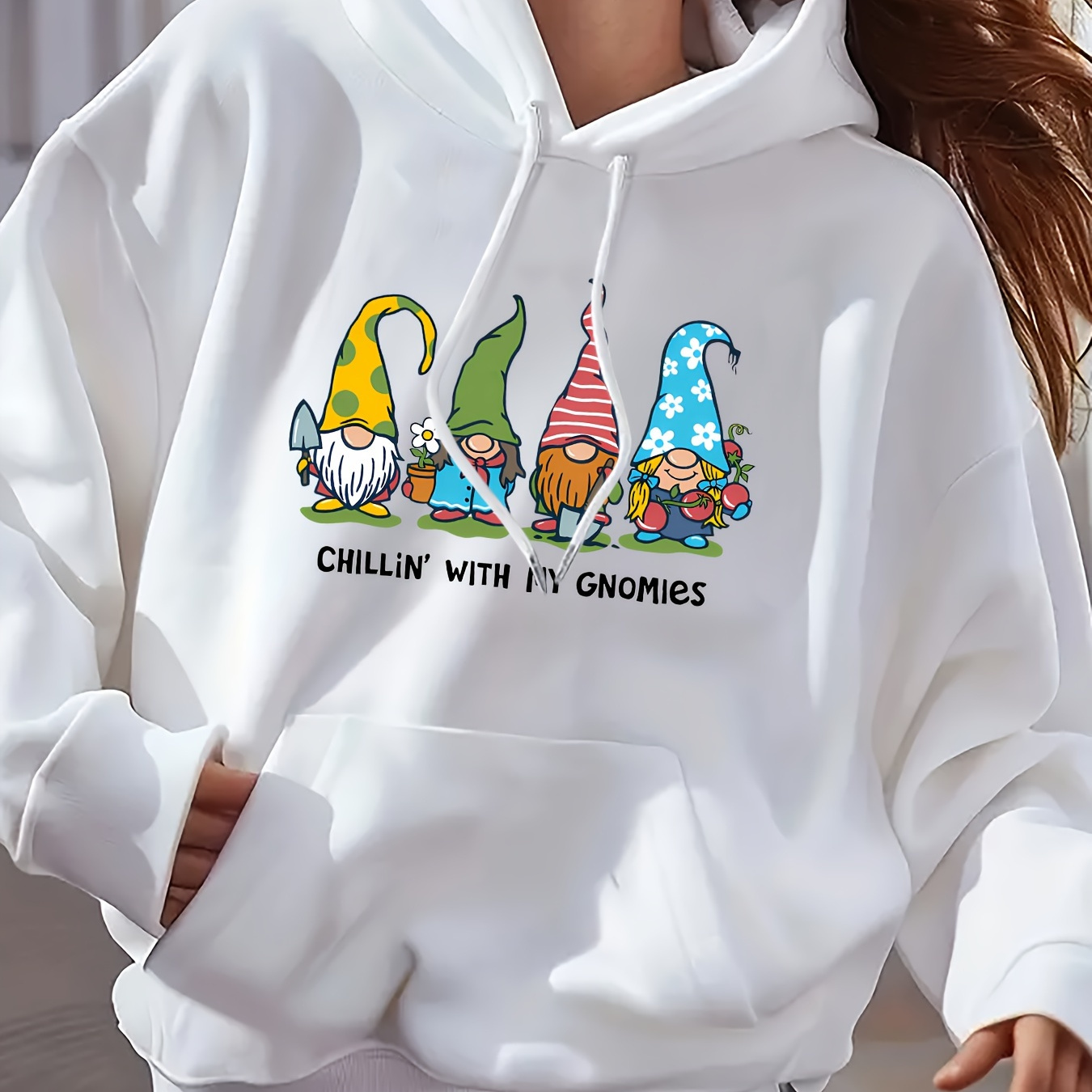 

Plus Size Gnomes Print Hoodie, Casual Kangaroo Pocket Drawstring Long Sleeve Hooded Sweatshirt, Women's Plus Size Clothing