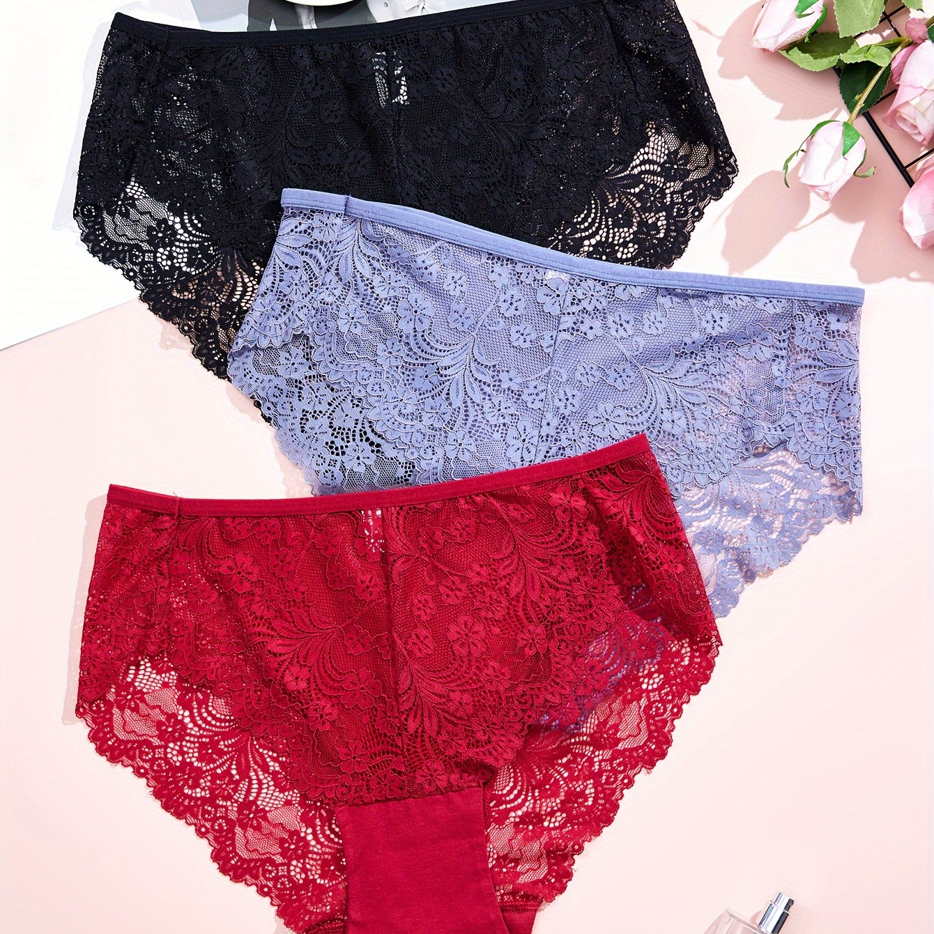 

3 Pack Plus Size Elegant Underwear Set, Women's Plus Floral Lace High Rise Stretchy Panties 3 Piece Set