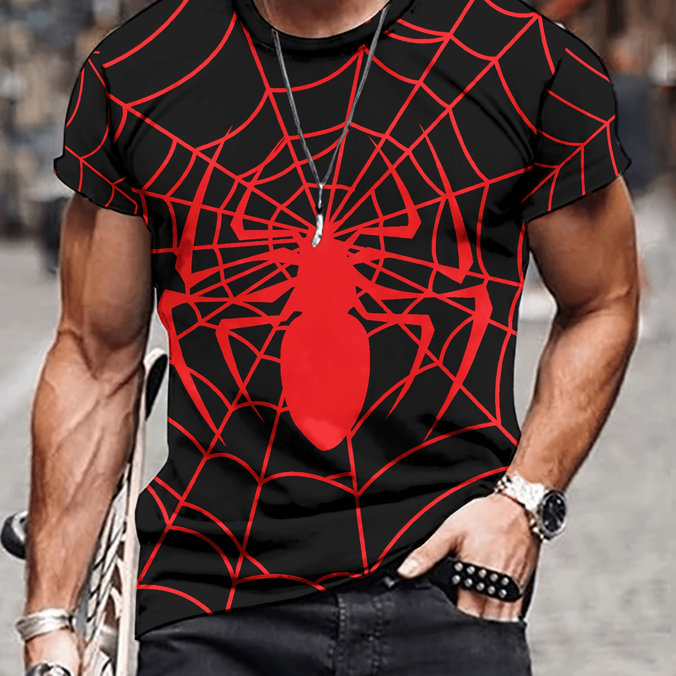 

Men's Spider Print T-shirt, Casual Short Sleeve Crew Neck Tee, Men's Clothing For Outdoor