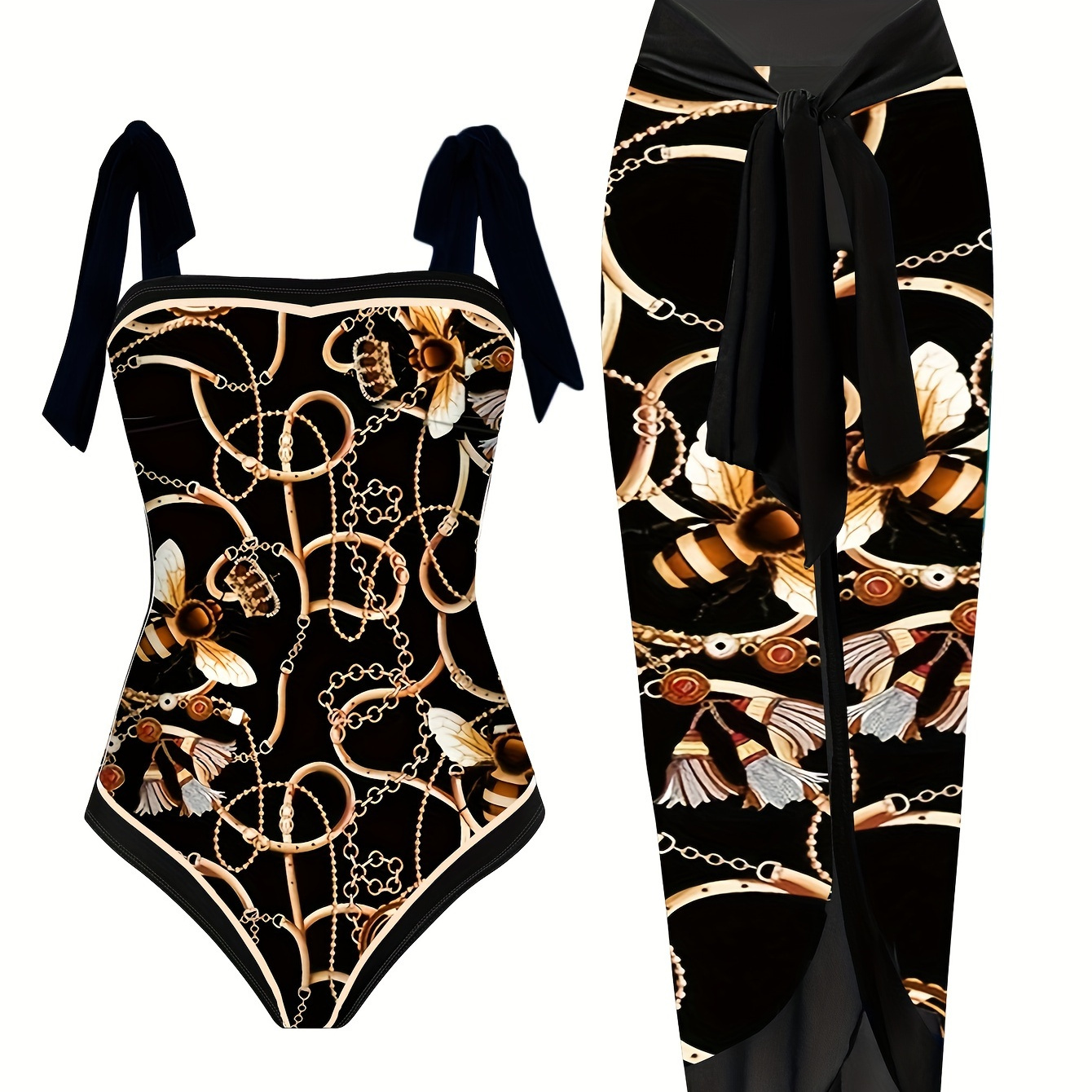 

Plus Size Retro Swimsuit Set, Women's Plus Chain & Bee Print Tie Shoulder 1 Piece Swimsuit & Bow Detail Cover Up Skirt Bathing Suit 2 Piece Set