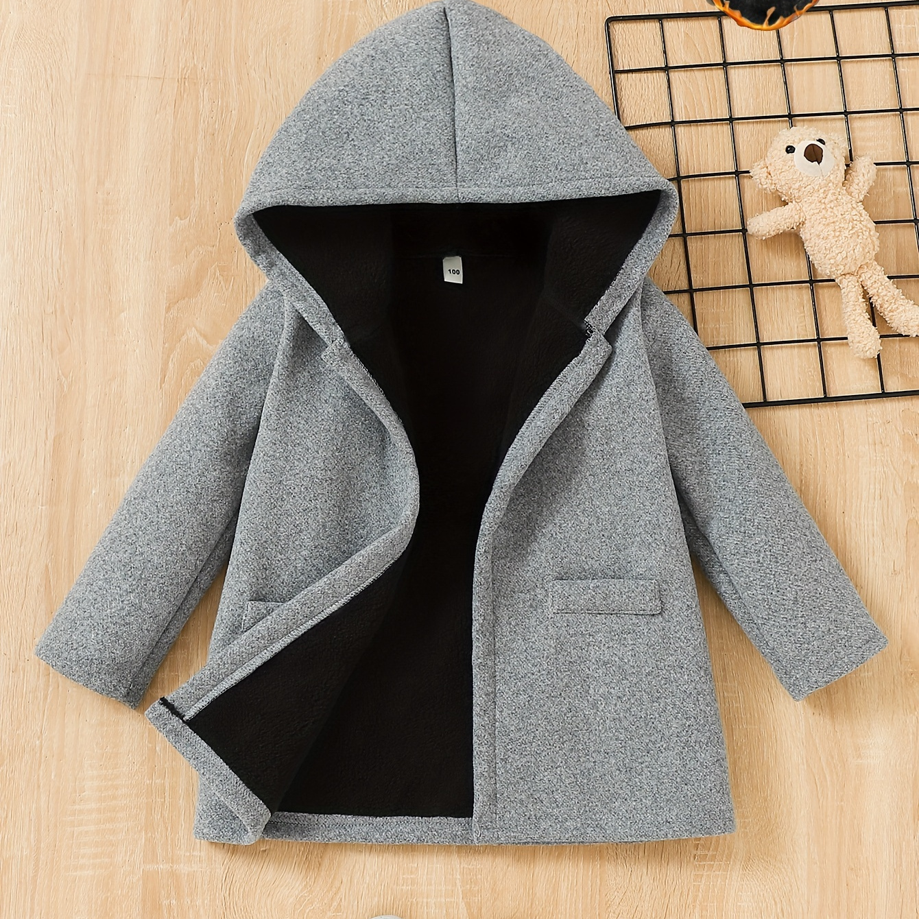 

Boys' Autumn And Winter Grey Solid Color Hooded And Fleece Thermal Jacket With Pockets