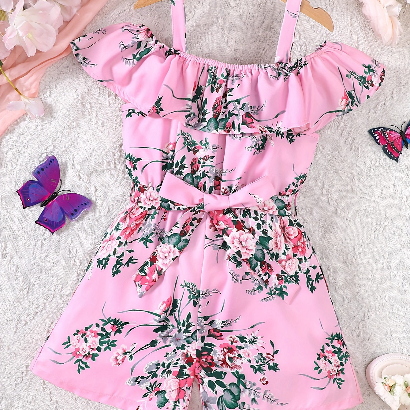 

Casual Ruffle Trim Floral Jumpsuit For Girls Summer Vacation Holiday Gift