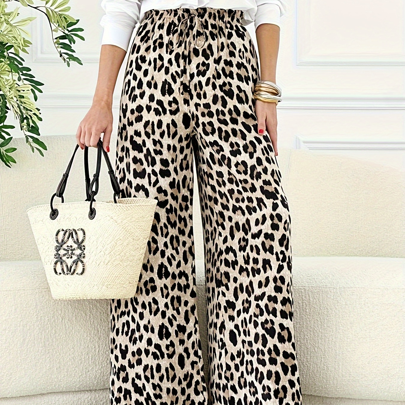 

Leopard Print Wide Leg Pants, Casual Loose Pants For Spring & Summer, Women's Clothing