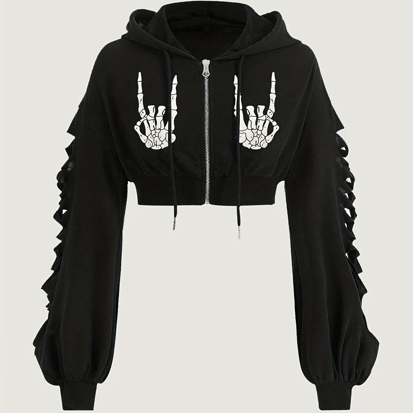 

Skull Print Ripped Zipper Hoodie, Gothic Crop Long Sleeve Drawstring Hoodies Sweatshirt, Women's Clothing