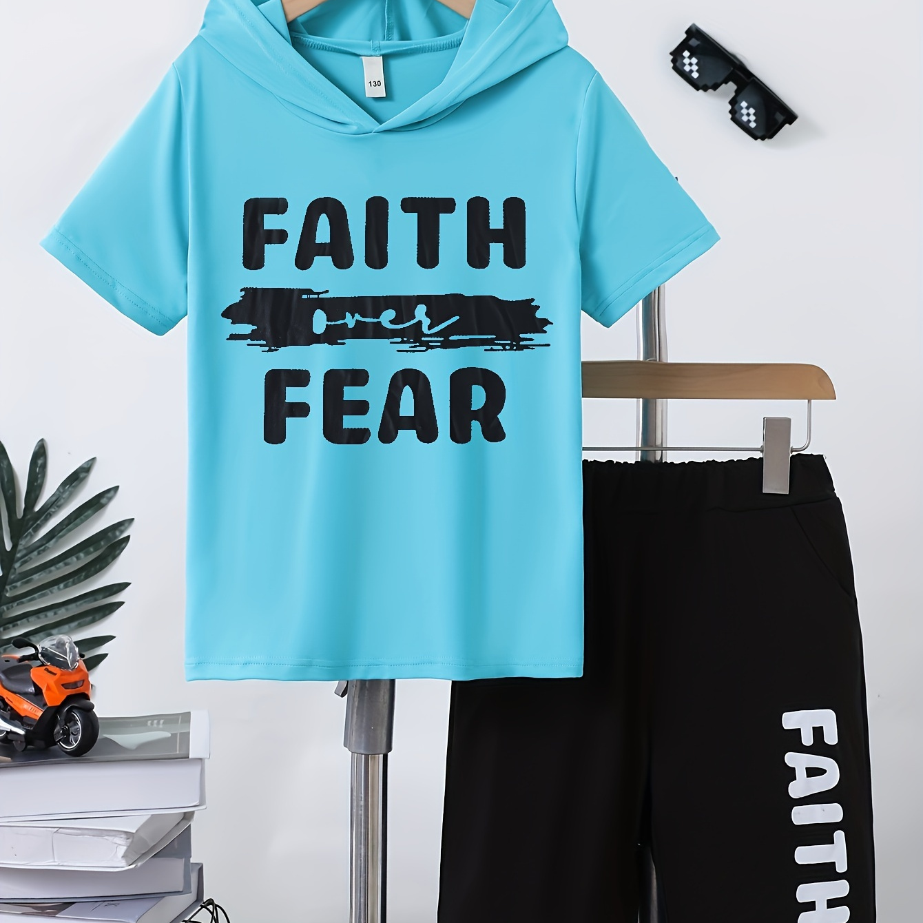 

2pcs Boys Casual Faith Over Fear Letter Graphic Print Short Sleeve T-shirt & Shorts Set, Comfy Summer Boys Clothes