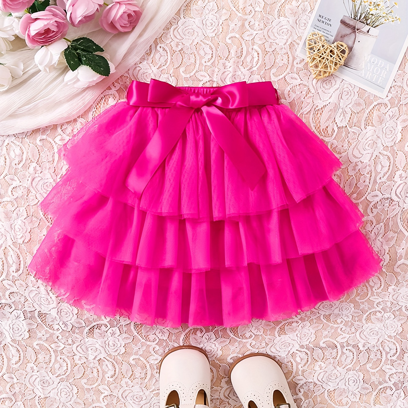 

Girls' Fashion Spring/summer Multi-tiered Tulle Tutu Skirt With Satin Bow - Adorable Style For Kids