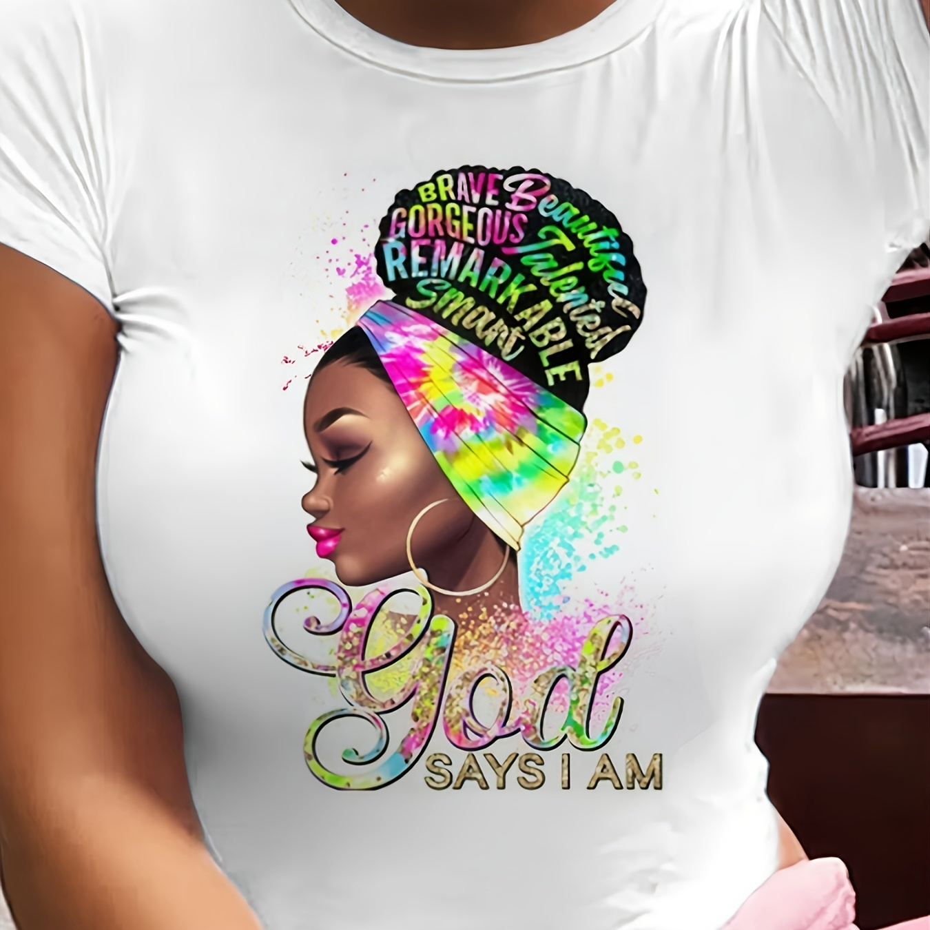 

Plus Size Cartoon Figure & Letter Print Short Sleeve T-shirt, Women's Plus Slight Stretch Casual Tee