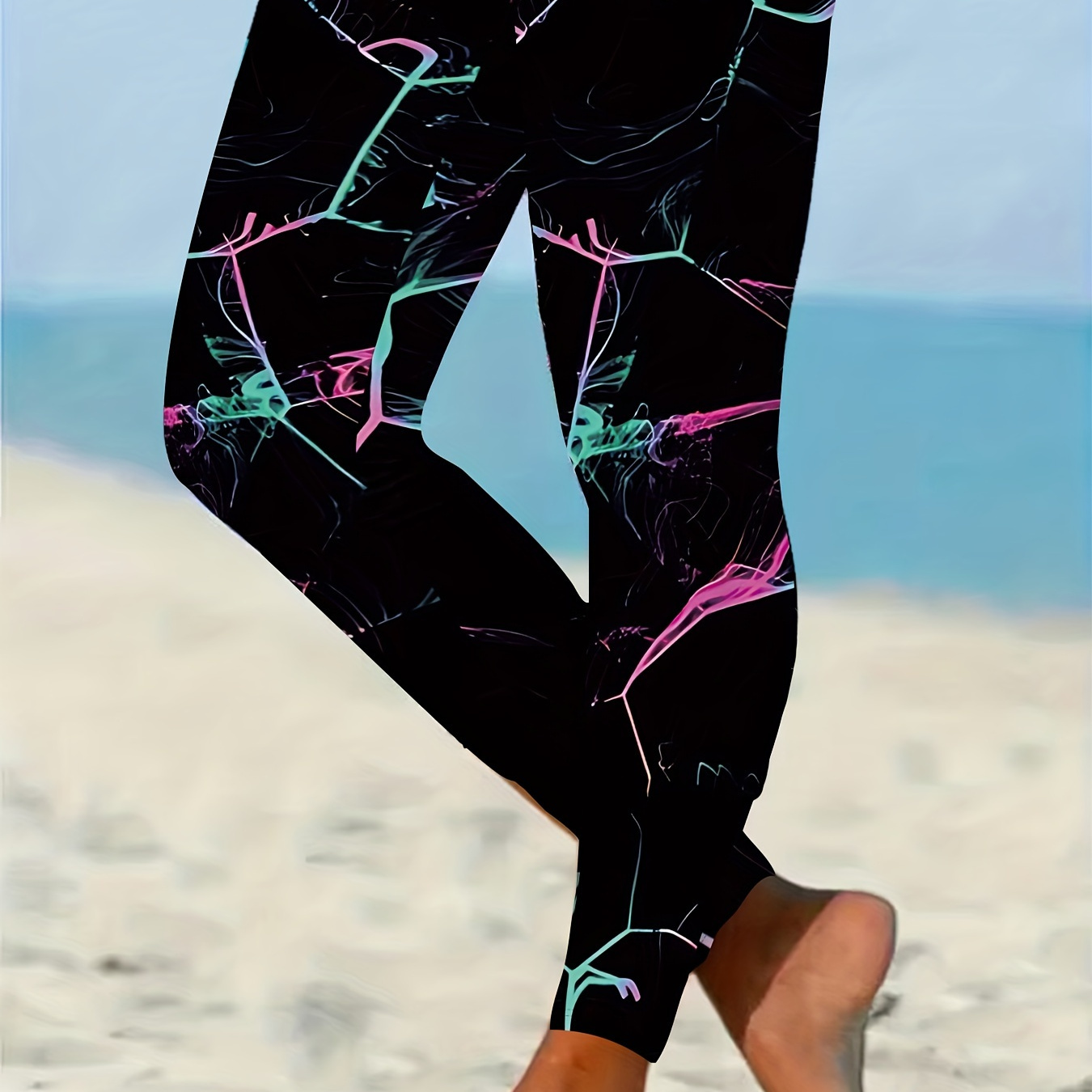 

Women's Tie-dye Lightning Print Stretchy Leggings - Casual Beach Sportswear, Machine Washable