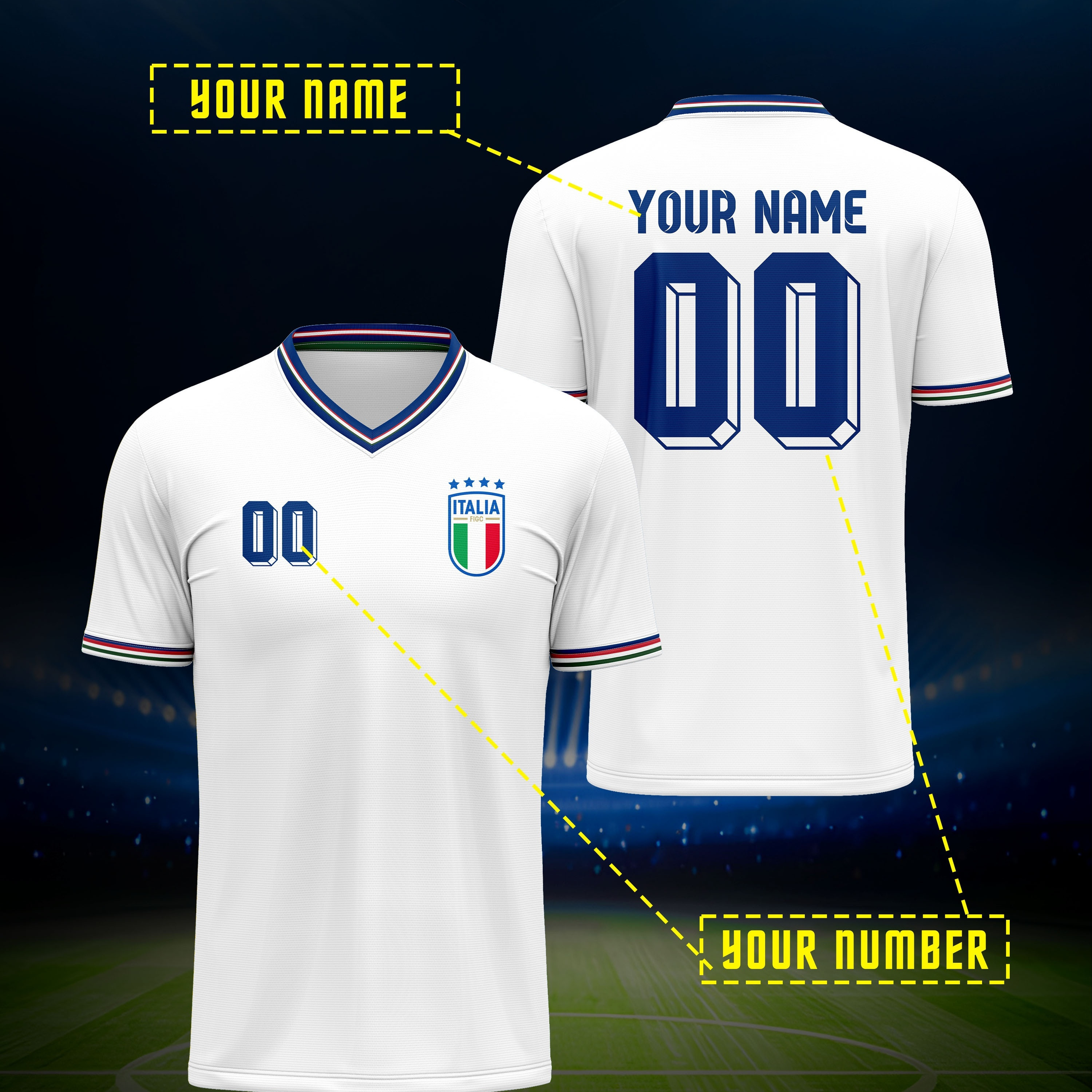 

Customizable Italy 2024 Football Jersey, Men's Polyester V-neck Top With Print, Breathable & Washable, Regular Fit For Sports, Training, Casual Wear - Spring/summer/fall