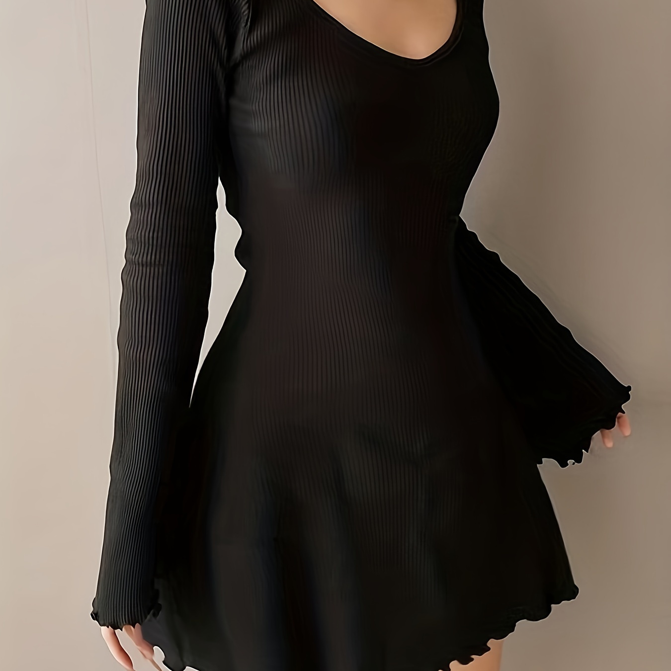 

Solid V-neck Slim Aline Dress, Elegant Flare Sleeve Lettuce Trim Dress For Spring & Fall, Women's Clothing For Party Dressing