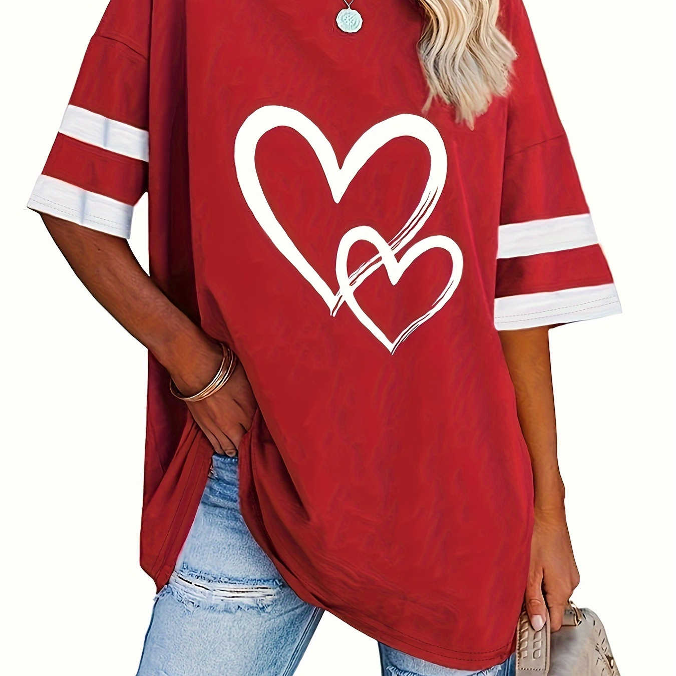 

Plus Size Heart Print T-shirt, Casual Crew Neck Half Sleeve T-shirt, Women's Plus Size clothing