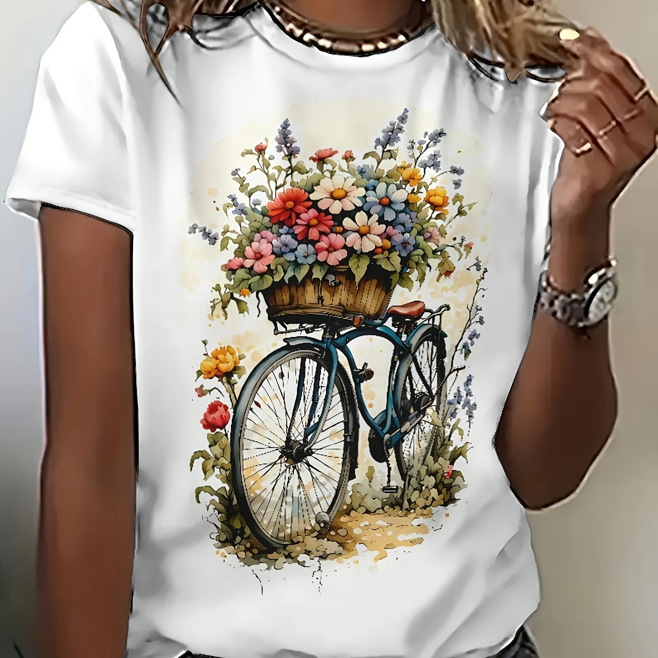 

1pc T-shirt blanc à manches courtes et col rond pour femme, imprimé floral 3D, motif paysage cycliste, en polyester tricoté décontracté, coupe droite et manches droites.