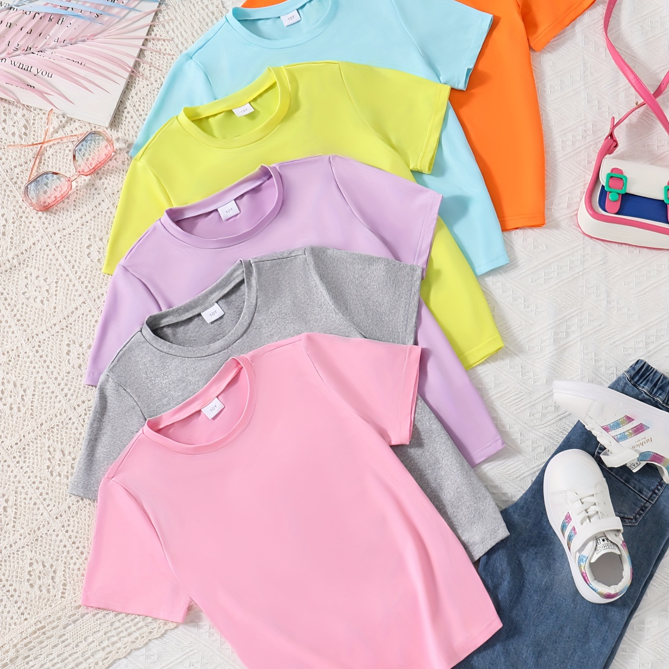 

Girls 6pcs/set Casual & Versatile Solid Colored T-shirts Tops For Spring & Summer, Girls Comfy Tees Clothes For Street Wear