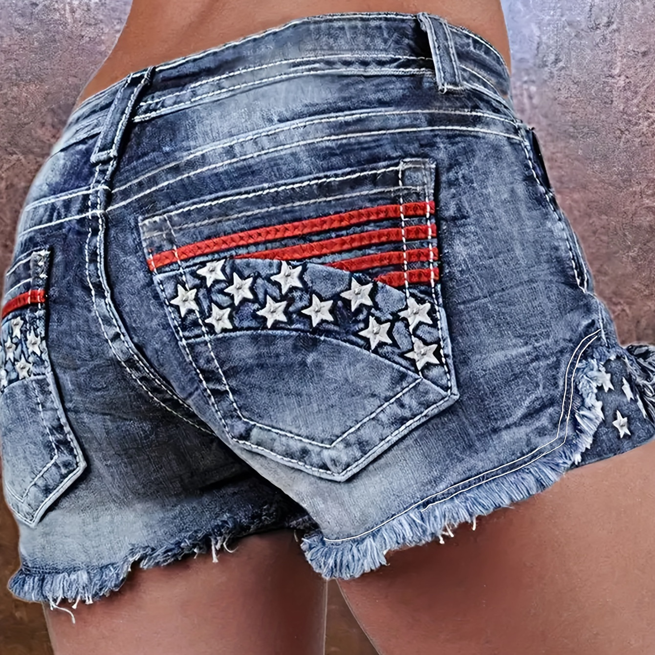 

Women's Distressed Denim Shorts, American Flag Embroidery, Vintage Style, Stretchy, Independence Day Outfit 4th Of July, Frayed Hem, Fashionable Summer Wear