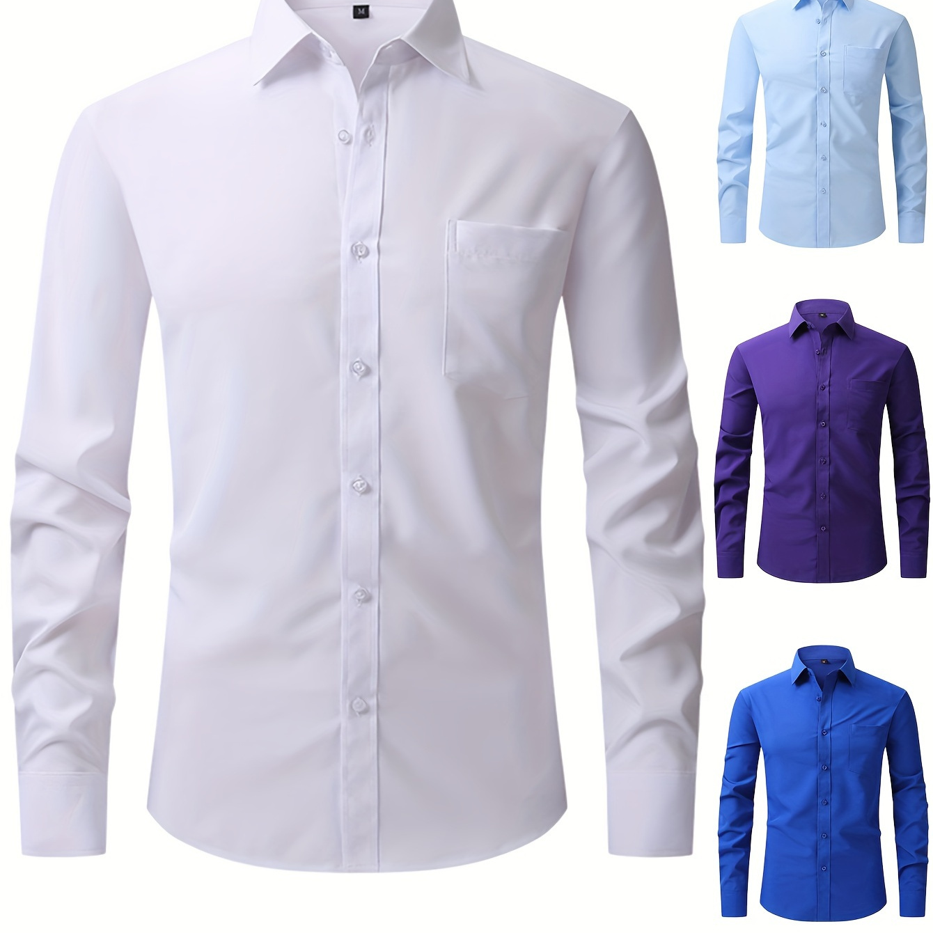 

[ Build] Men's Slim Fit Dress Shirt - Wrinkle-resistant, Soft Polyester , Solid Color With Chest Pocket, Long Sleeve, Button-up For Business & Formal (blue, White, Green)