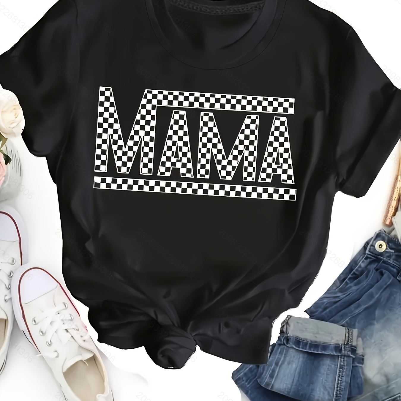 

Mama Print Crew Neck T-shirt, Casual Short Sleeve T-shirt For Spring & Summer, Women's Clothing