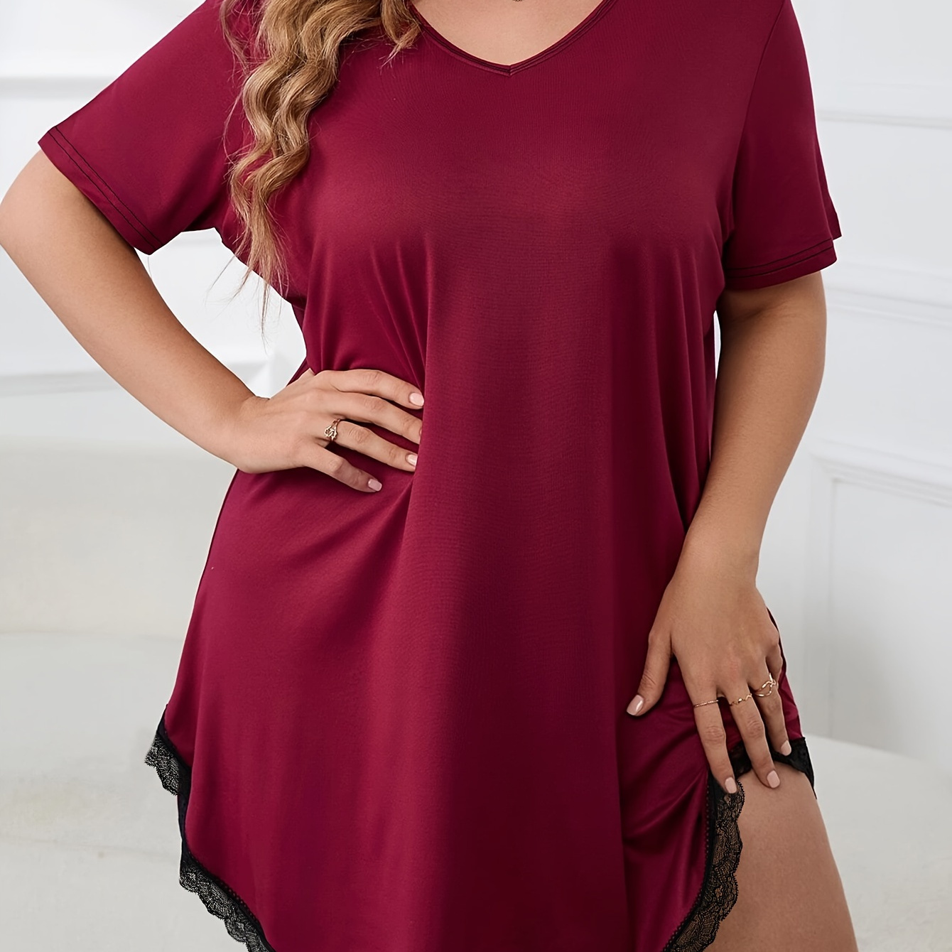 

Women's Plus Casual Sleep Dress, Plus Size Solid Lace Short Sleeve V Neck Loose Nightdress