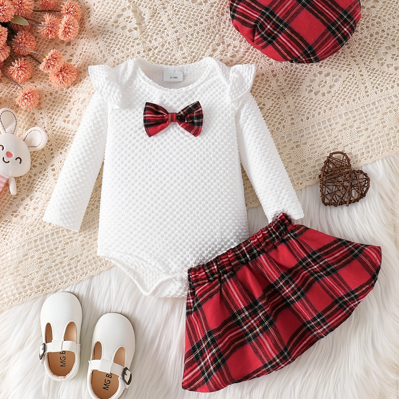 

2- 's Bow Decor Bodysuit + Hat + Pattern Skirt, Toddler & Infant Girl's Set For Christmas