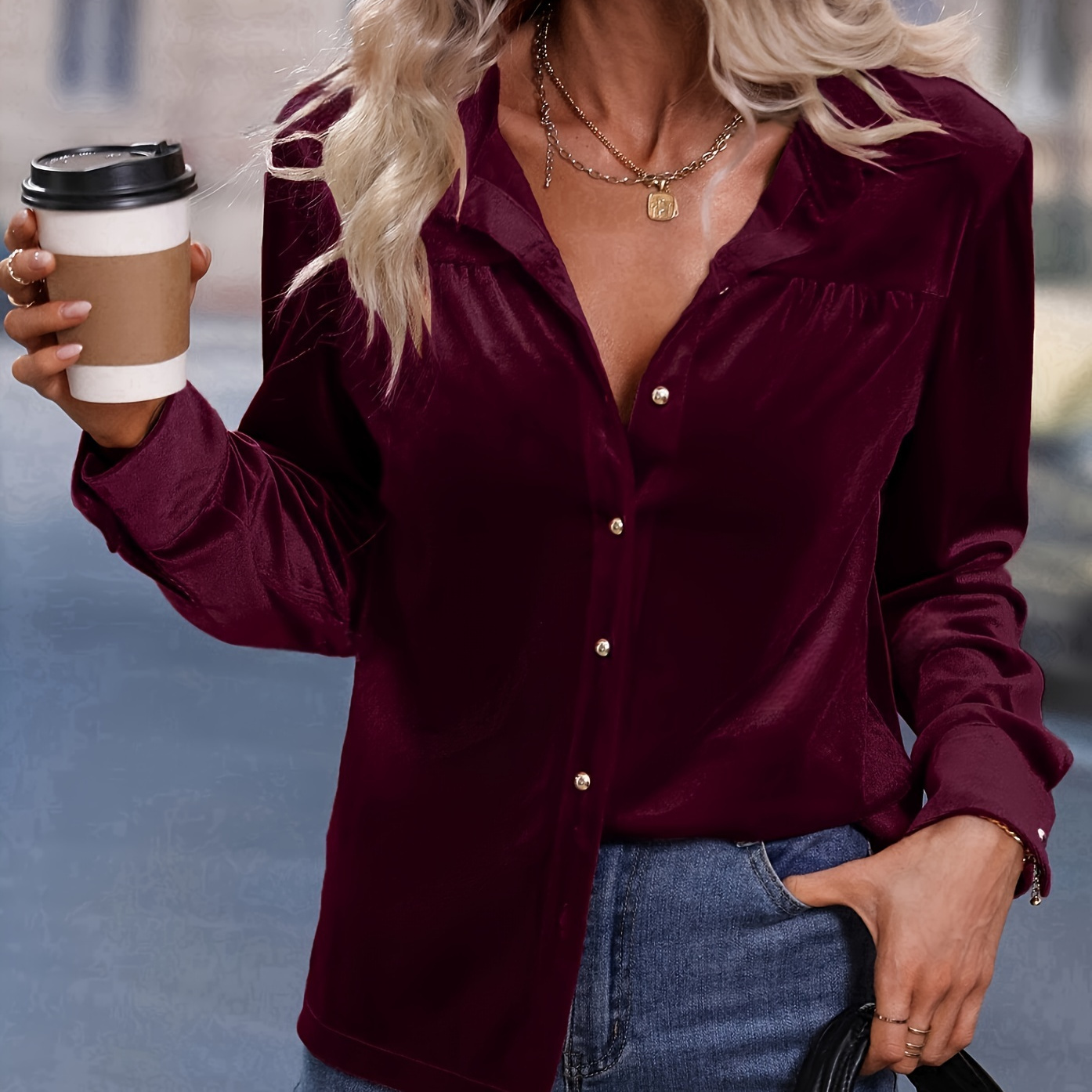 

88090616 Elegant Special Women's Button-down Velvet Long-sleeved Shirt