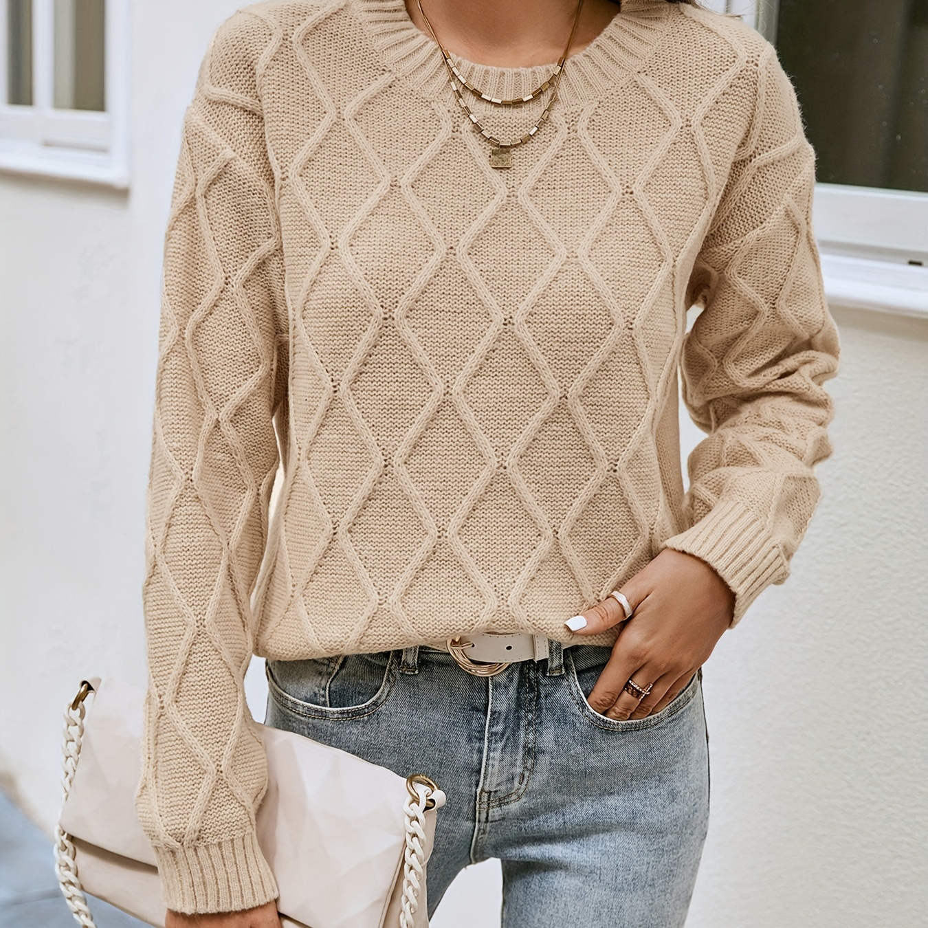 

Argyle Solid Knit Sweater, Elegant Crew Neck Long Sleeve Sweater, Women's Clothing