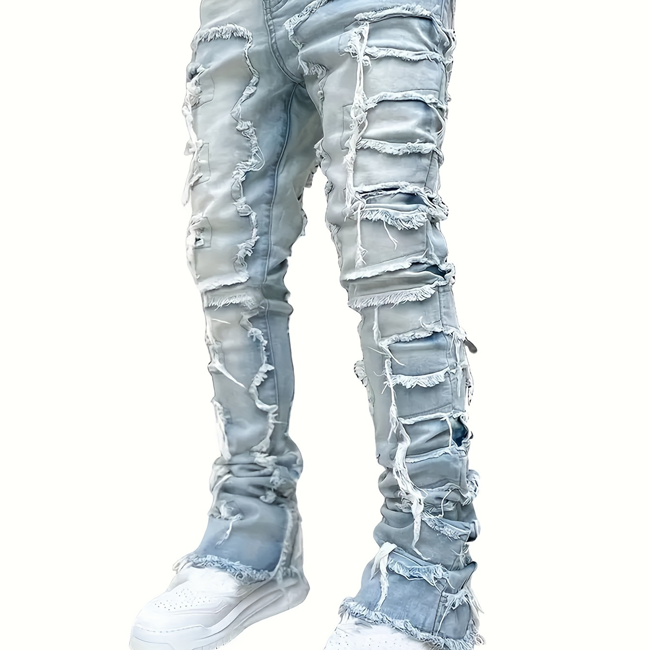 

Mens Stacked Jeans Slim Fit Ripped Skinny Stretch Jeans Distressed Straight Denim Pants Hip Hop Trousers Streetwear