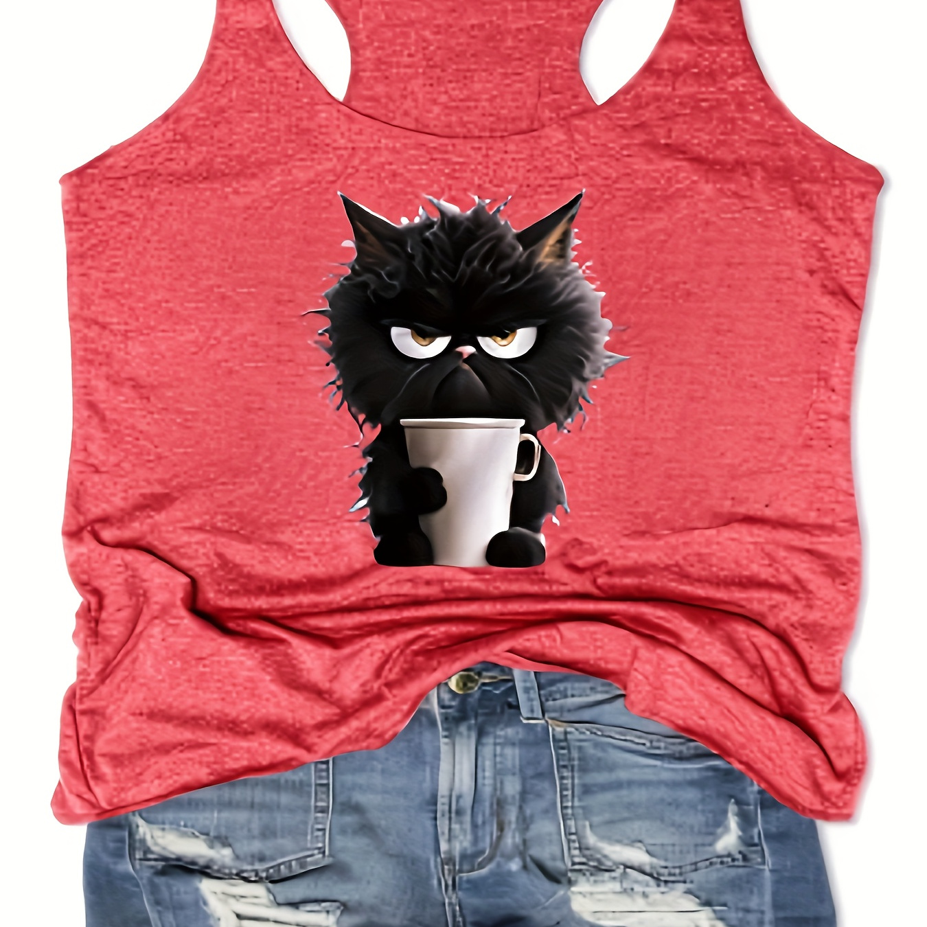 

Women's Fashion Slim-fit Cat Printed Tank Top, Casual Style, Soft Fabric, Sleeveless Racerback Design