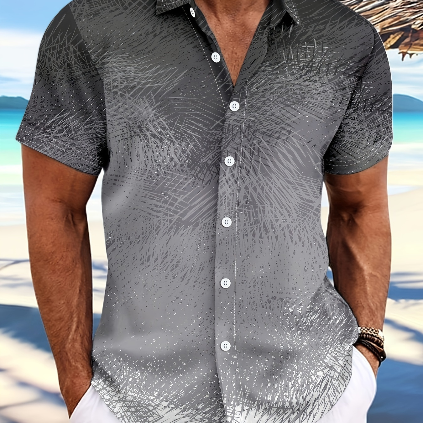 

Gradient Graffiti Pattern Men's Short Sleeve Button Down Shirt For Summer, Men's Leisurewear