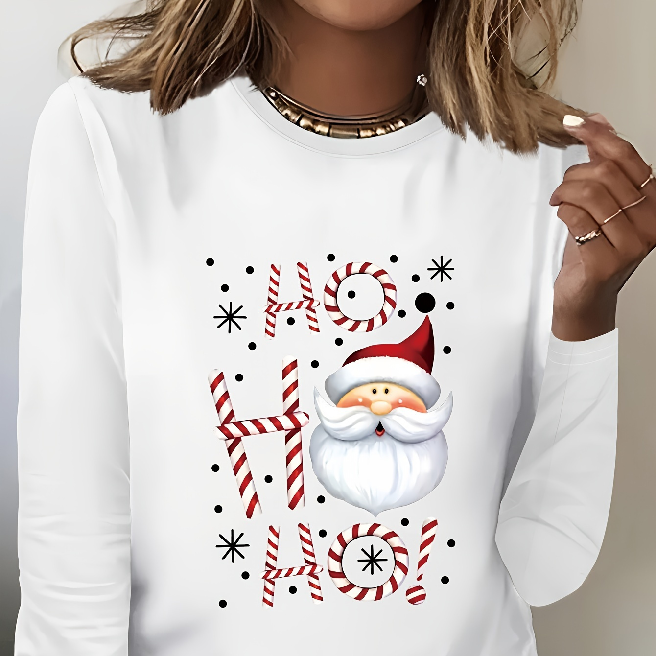 

Christmas Print T-shirt, Long Sleeve Crew Neck Casual Top For Spring & Fall, Women's Clothing