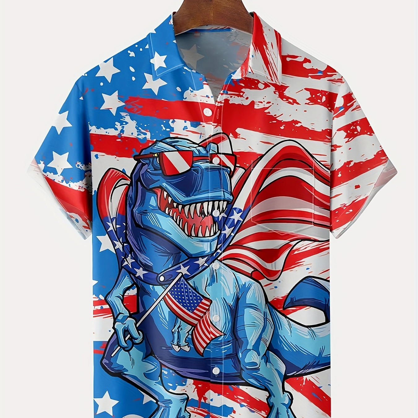 

Plus Size Men's Hawaiian Shirts For Beach, Retro Flag And Dinosaur Printed Short Sleeve Aloha Shirts, Oversized Casual Loose Tops For Summer