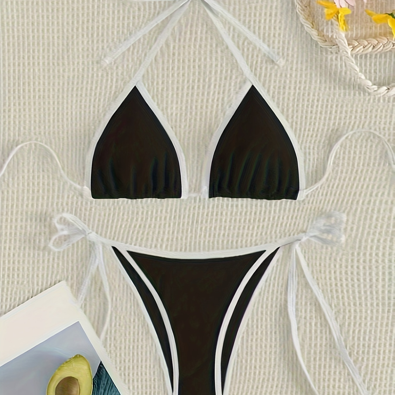 

Women's Bikini Set, Contrast Trim, Triangle Halter Neck Top, Side Tie Bottom, Women's Swimwear & Clothing