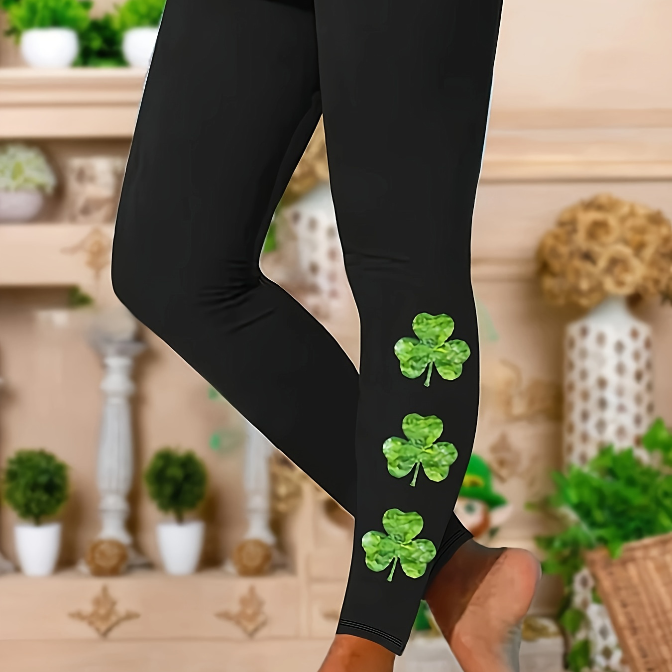 

Plus Size 's Day Printed Leggings, Casual High-waisted Stretchy Pants, Women's Plus Size Base Layer Leggings.