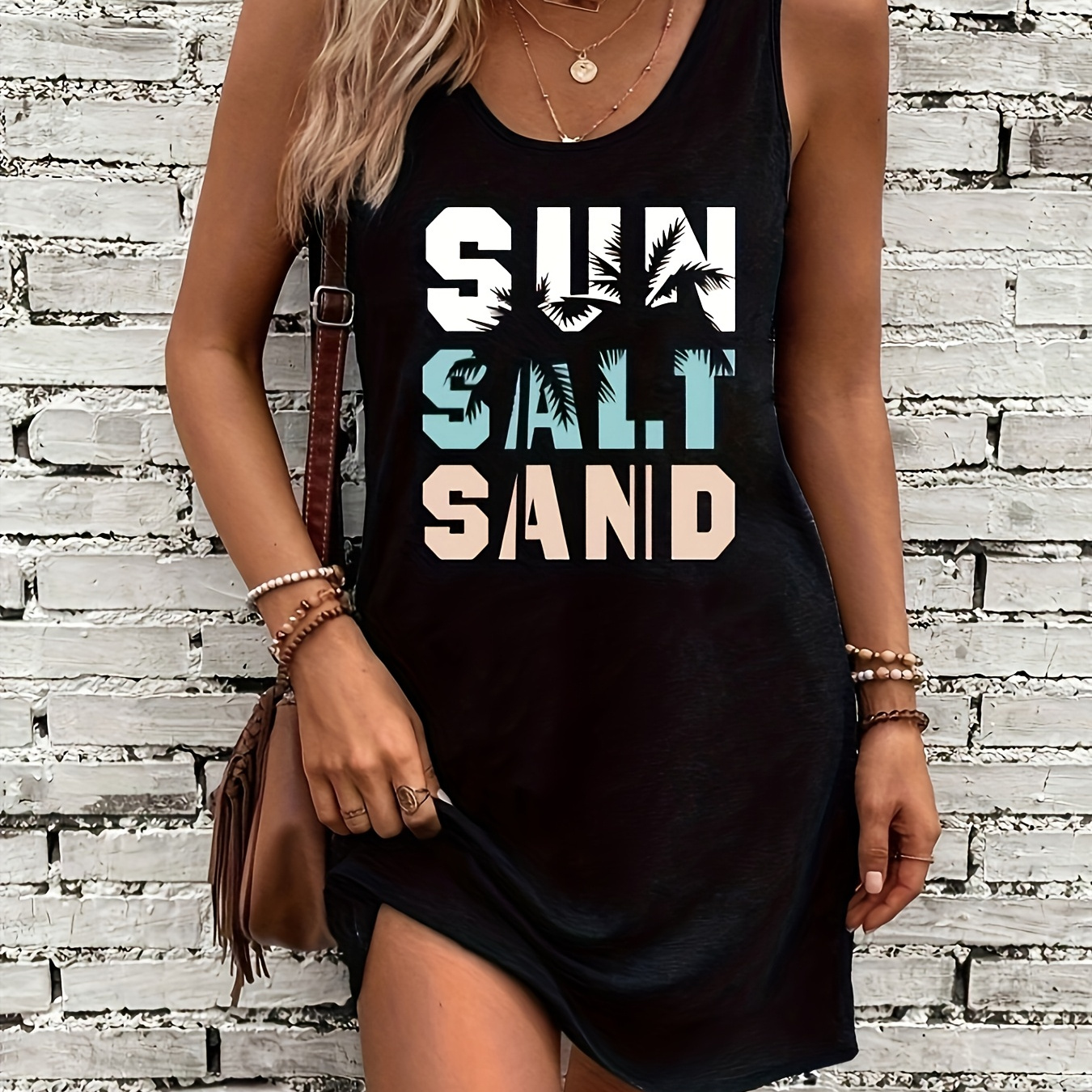 

Women's Tropical Print Sleeveless Dress - " Sand" Letter Design, Dark Gray With Teal & White Accents, Casual For Spring/summer/fall, Lightweight Rayon , Round Neck, Machine Washable