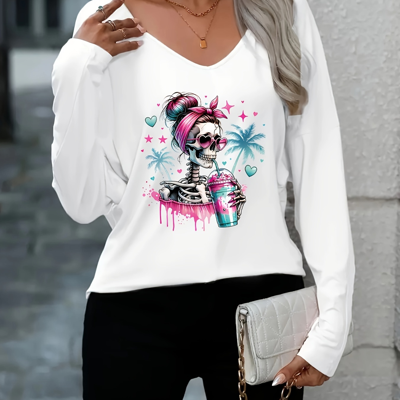 

's Skull V- T- - Long Top For & Fall, , Washable