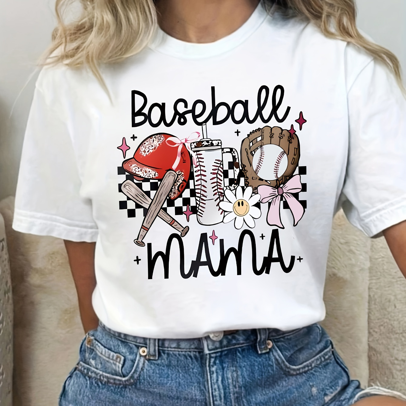 

Women's Casual Crew Neck Short Sleeve T-shirt With Baseball Mama , 100% Polyester Knit Fabric, Summer Regular Fit Tee